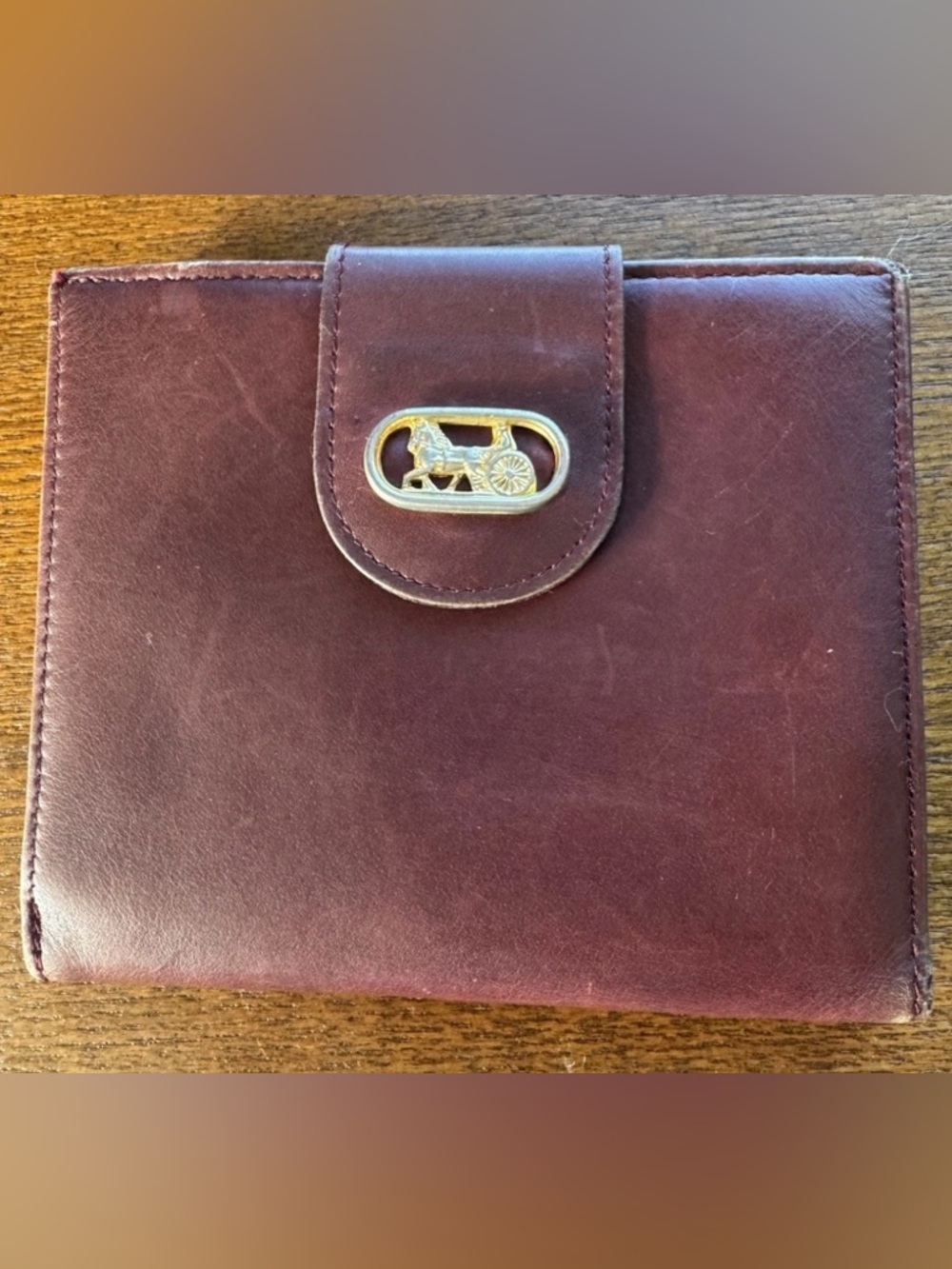Celine Vintage Bifold Bordeaux Leather Wallet Gold Horse & Carriage Logo W/COA